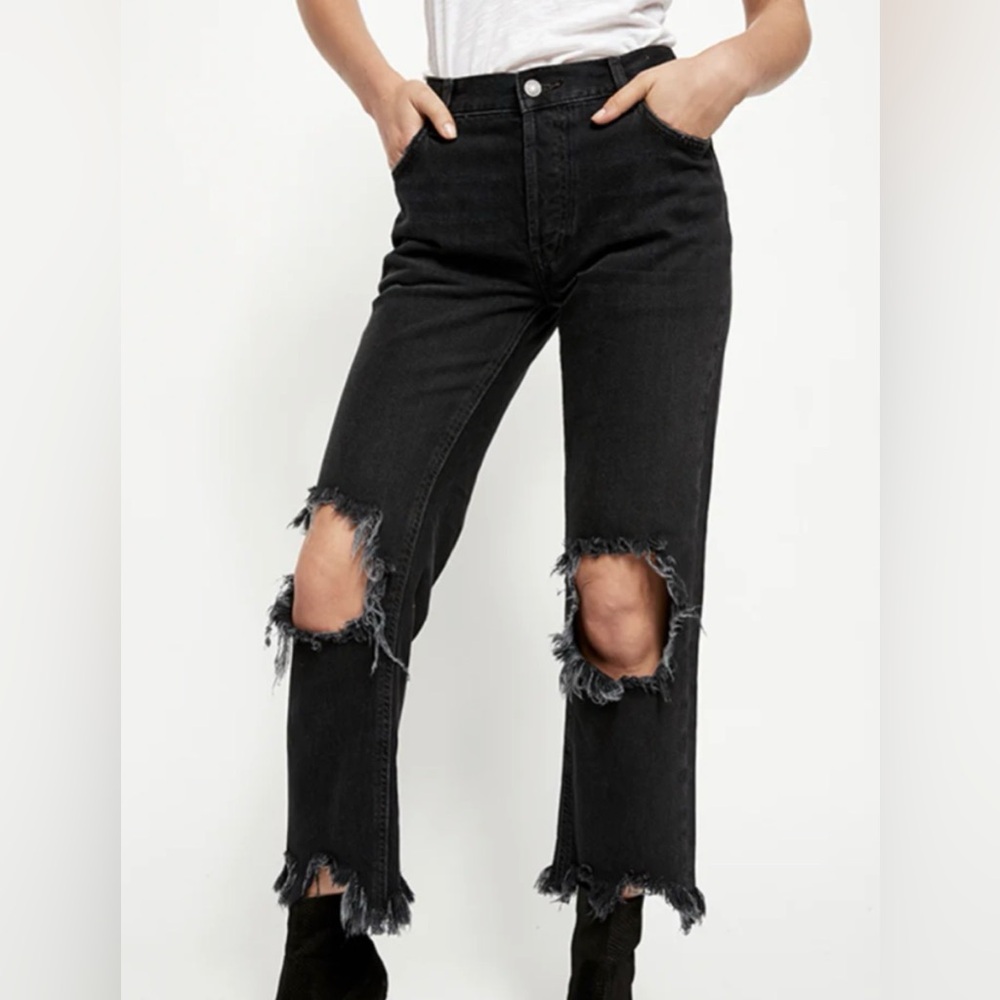 Free People We The Free Maggie‎ mid-rise straight-leg jeans black 26 Distressed